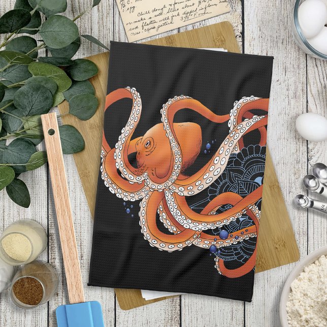 Bold Orange Mesmerizing Octopus Mandala Kitchen Towel (Creator Uploaded)