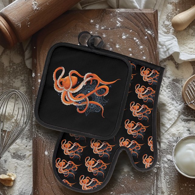 Bold Orange Mesmerizing Octopus Mandala  Oven Mitt & Pot Holder Set (Creator Uploaded)
