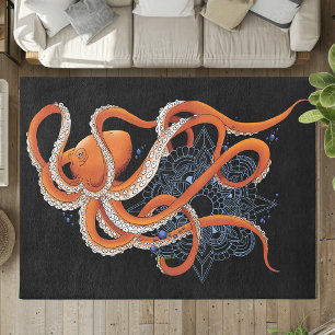 Bold Orange Mesmerizing Octopus Mandala  Rug