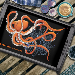 Bold Orange Mesmerizing Octopus Mandala  Serving Tray
