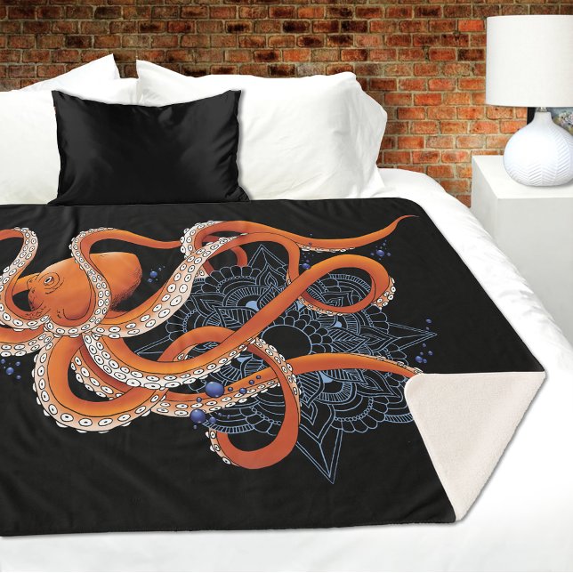Bold Orange Mesmerizing Octopus Mandala  Sherpa Blanket (Creator Uploaded)