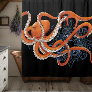Bold Orange Mesmerizing Octopus Mandala  Shower Curtain