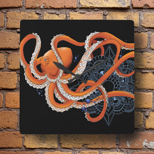 Bold Orange Mesmerizing Octopus Mandala  Square Wall Clock