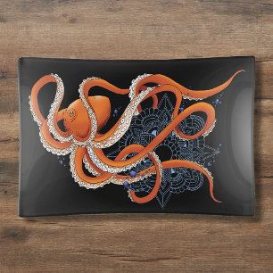 Bold Orange Mesmerizing Octopus Mandala  Trinket Tray
