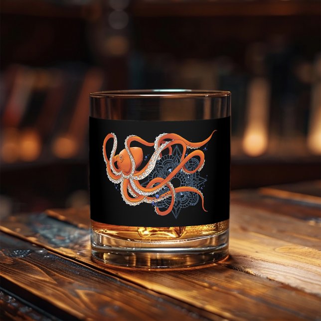Bold Orange Mesmerizing Octopus Mandala  Whiskey Glass (Creator Uploaded)