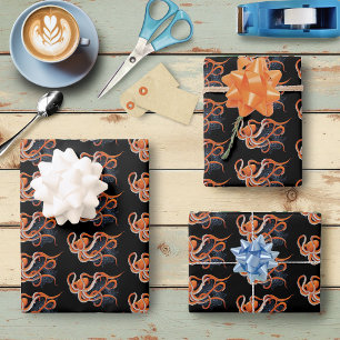 Bold Orange Mesmerizing Octopus Mandala Wrapping Paper Sheets