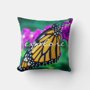 Bold Orange Monarch Butterfly Photo Explore Script Throw Pillow