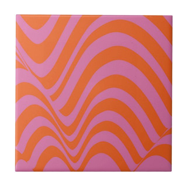Bold Orange Pink Wavy Stripes Pattern  Ceramic Tile (Front)