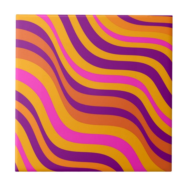 Bold Orange Purple Pink Wavy Stripes Pattern  Ceramic Tile (Front)