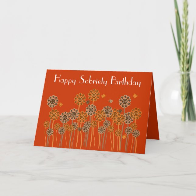 Bold Orange Retro Flowers Sobriety Birthday Card (Front)