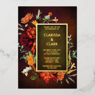 Bold Orange Rust Fall Floral Modern Wedding Foil Invitation