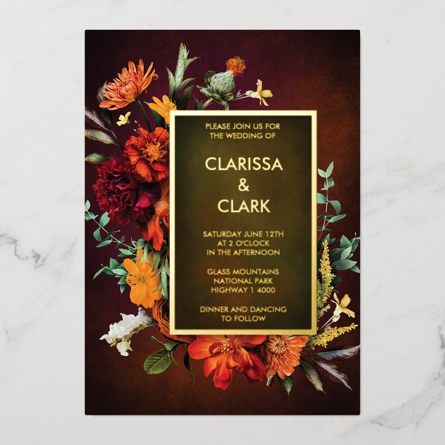 Bold Orange Rust Fall Floral Modern Wedding  Foil Invitation (Front)