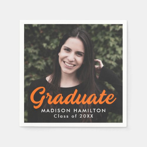 Bold Orange Script Photo Graduation Napkins