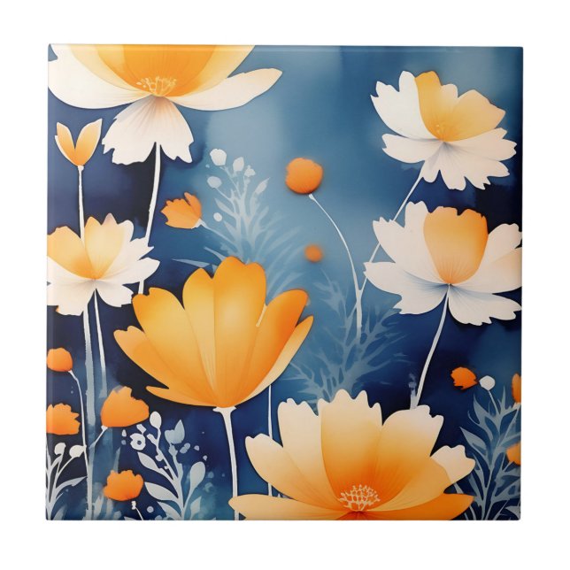 Bold Orange Watercolor Floral Ceramic Tile (Front)