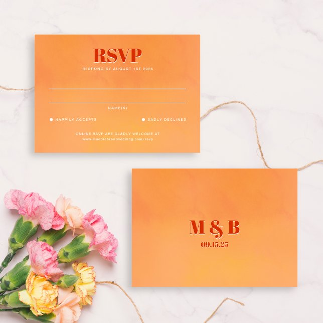 Bold Orange Watercolor Sunset Monogram Wedding RSVP Card (Creator Uploaded)
