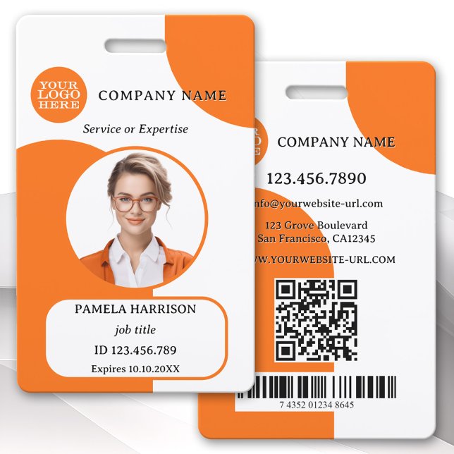 Bold Orange White Retro Photo ID Badge (Photo ID badge featuring your custom photo and logo on a colorful orange white retro design)