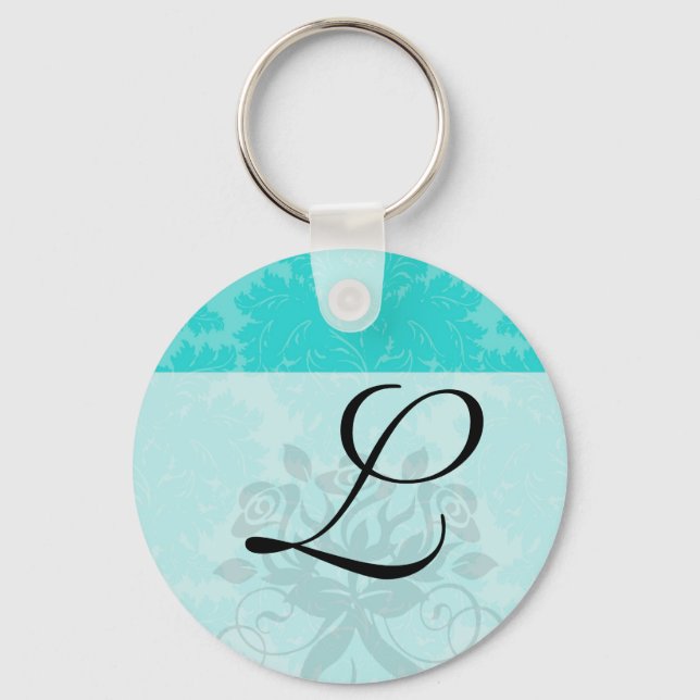 bold ornate aqua aquamarine blue damask pattern keychain (Front)