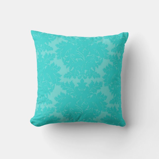 bold ornate aqua blue damask pattern throw pillow (Front)