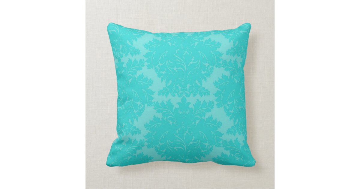 bold ornate aqua blue damask pattern throw pillow Zazzle