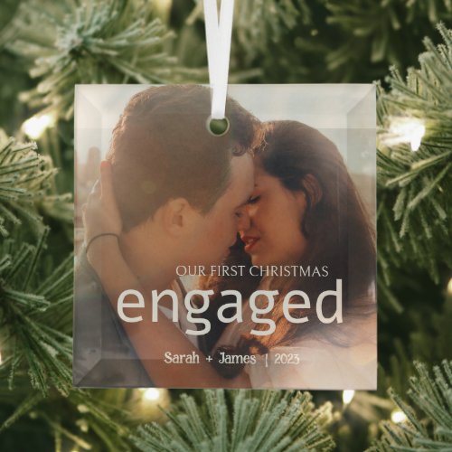Bold Our First Christmas Engaged Couple Photo Glass Ornament