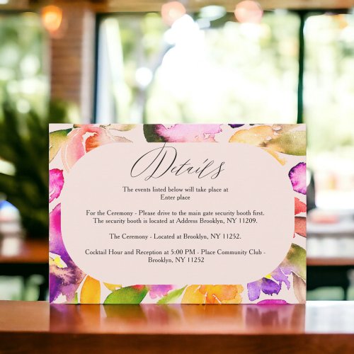 Bold oversize floral watercolor wedding details enclosure card