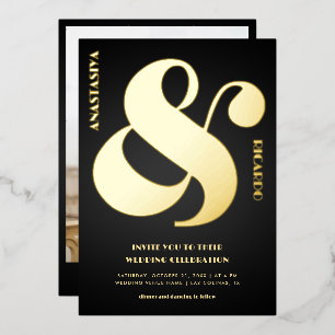 Bold Oversized Ampersand Photo Black Wedding Real Foil Invitation