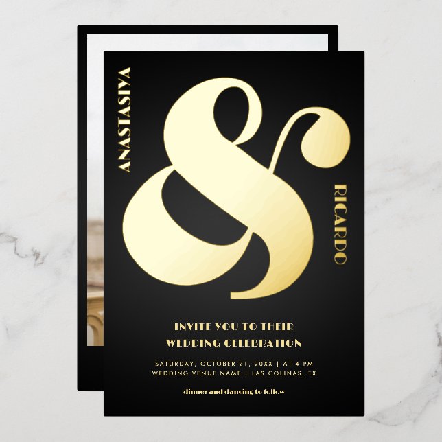 Bold Oversized Ampersand Photo Black Wedding Real Foil Invitation (Front/Back)