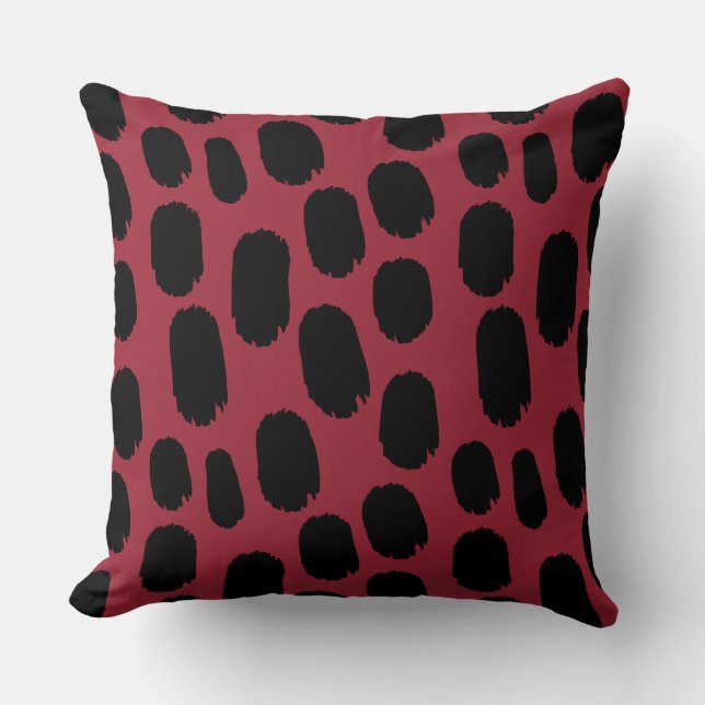 Bold Painted Spots - Black on Deep Red 9b2335 Throw Pillow (Front)