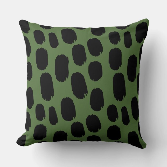 Bold Painted Spots - Black on Green 4e6e38 Throw Pillow (Front)