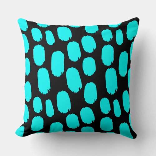 Bold Painted Spots _ Cyan on Black Throw Pillow