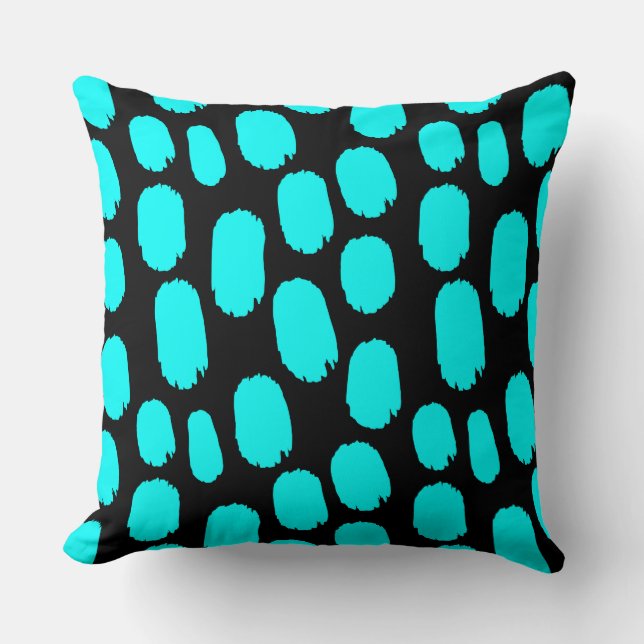 Bold Painted Spots - Cyan on Black Throw Pillow (Front)