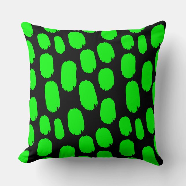 Bold Painted Spots - Green on Black Throw Pillow (Front)