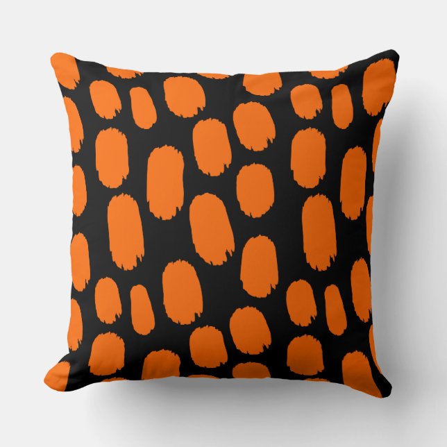 Bold Painted Spots - Orange on Black Throw Pillow (Front)
