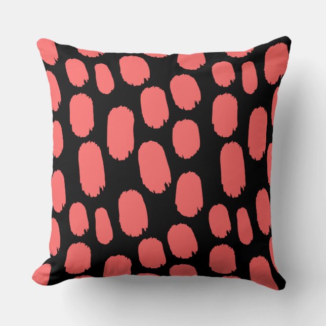 Bold Painted Spots - Tropical Pink on Black Throw Pillow (Front)