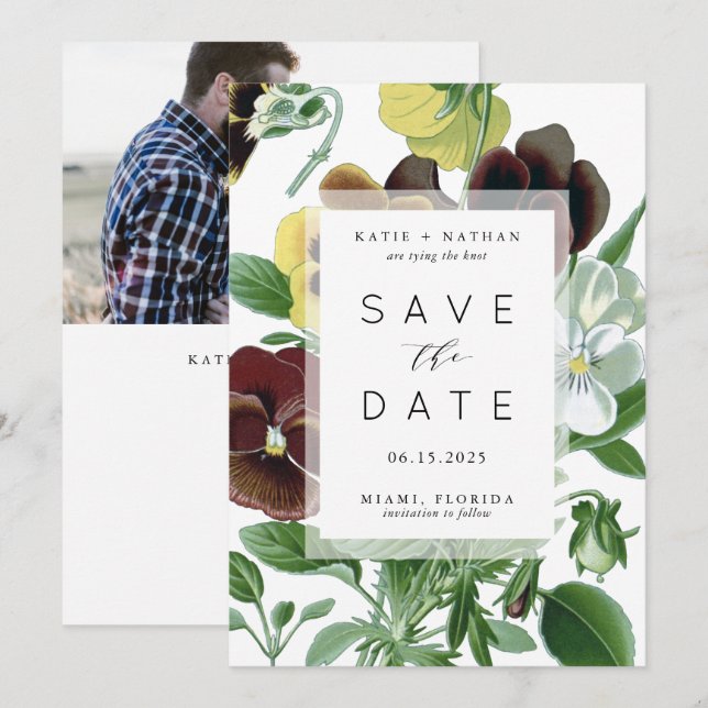 Bold Pansies Photo Save the Date card (Front/Back)