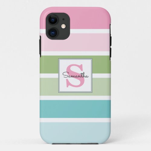 Bold Pastel Stripes Monogrammed iPhone 11 Case