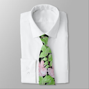 bold pattern black with pink flowers floral neck tie