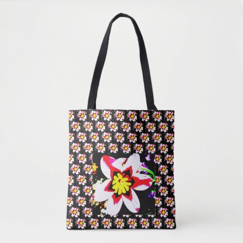 Bold pattern of abstract flower on black tote bag