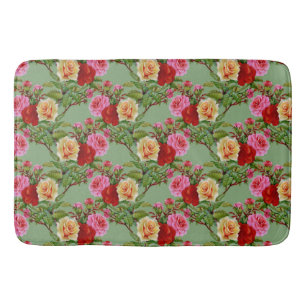 Bold Pattern Red Yellow Pink Roses and Foliage Bath Mat