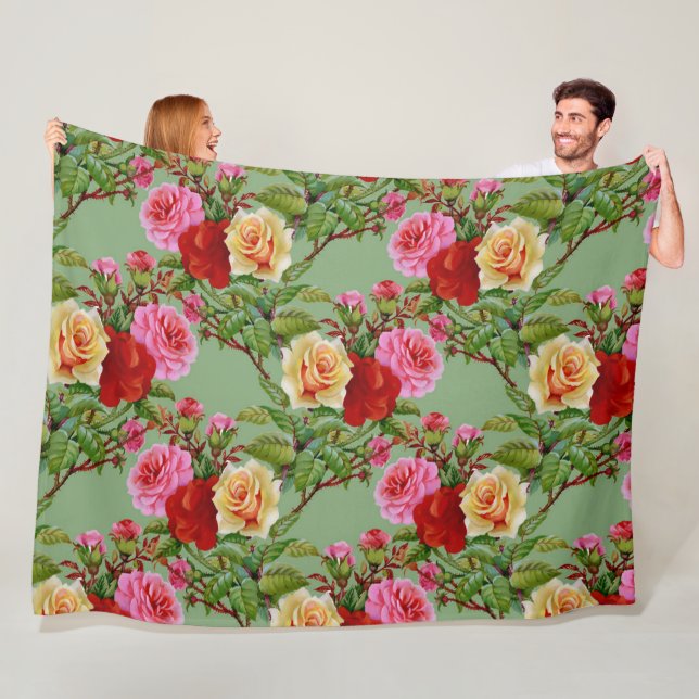 Bold Pattern Red Yellow Pink Roses and Foliage Fleece Blanket (In Situ)