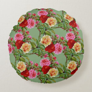 Bold Pattern Red Yellow Pink Roses and Foliage Round Pillow