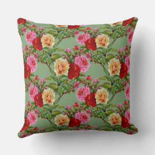 Bold Pattern Red Yellow Pink Roses and Foliage Throw Pillow