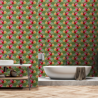 Bold Pattern Red Yellow Pink Roses Foliage Wallpaper