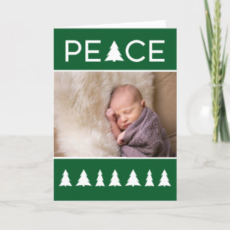 Bold Peace Typography Green White Trees Your Photo Holiday Card