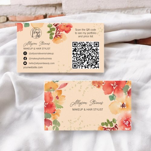 Bold peach floral gold makeup hair logo qr code business card