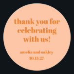 Bold Peach Orange Retro Custom Wedding Thank You  Classic Round Sticker<br><div class="desc">Add a special touch to your wedding favors with these elegant thank-you stickers. In Peach Orange,  these customizable stickers are perfect for sealing favor bags,  gift boxes,  or envelopes. Personalize with names and the wedding date for a thoughtful finishing detail your guests will appreciate!</div>