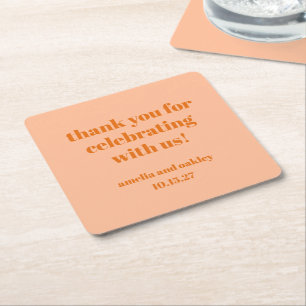 Bold Peach Orange Retro Custom Wedding Thank You Square Paper Coaster