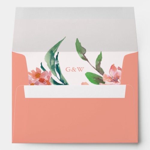 Bold Peach with Monogram Botanical Wedding Envelope