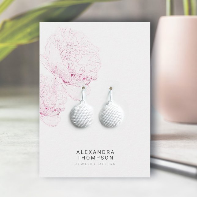 Bold Peonies Modern Floral Sketch Jewelry Display Business Card (floral earrings jewelry display card bold pink peonies art sketch modern minimalist elegant template)
