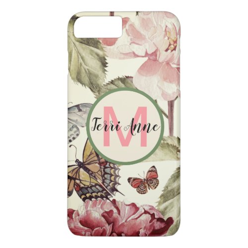 Bold Peony Flowers and Butterflies with Monogram iPhone 8 Plus7 Plus Case